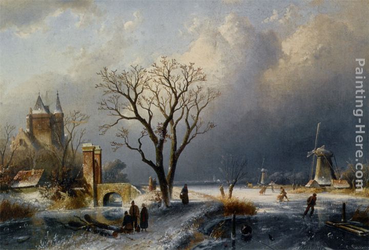 A Winter Landscape with Figures near a Castle painting - Charles Henri Joseph Leickert A Winter Landscape with Figures near a Castle art painting